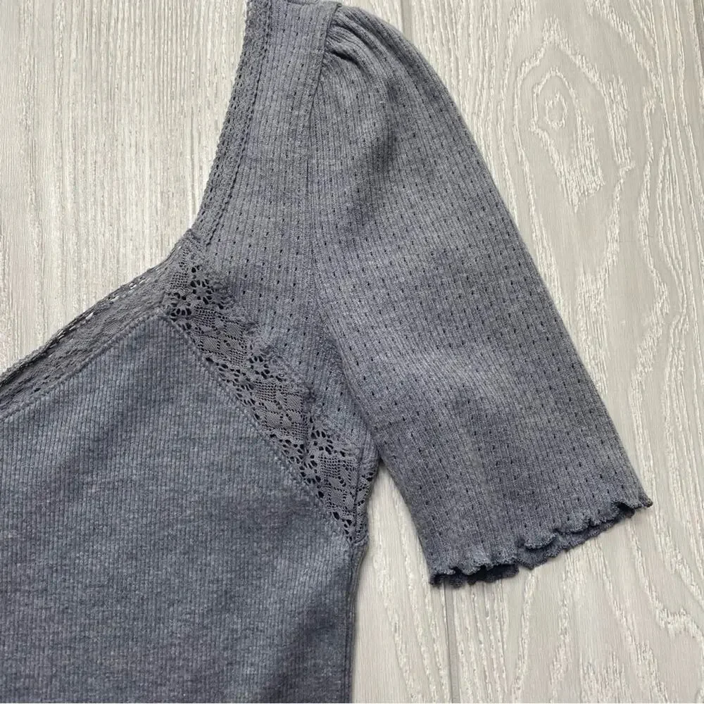 Free People Womens Margaux Charcoal Gray Ribbed Stretchy Pullover Top Size Small